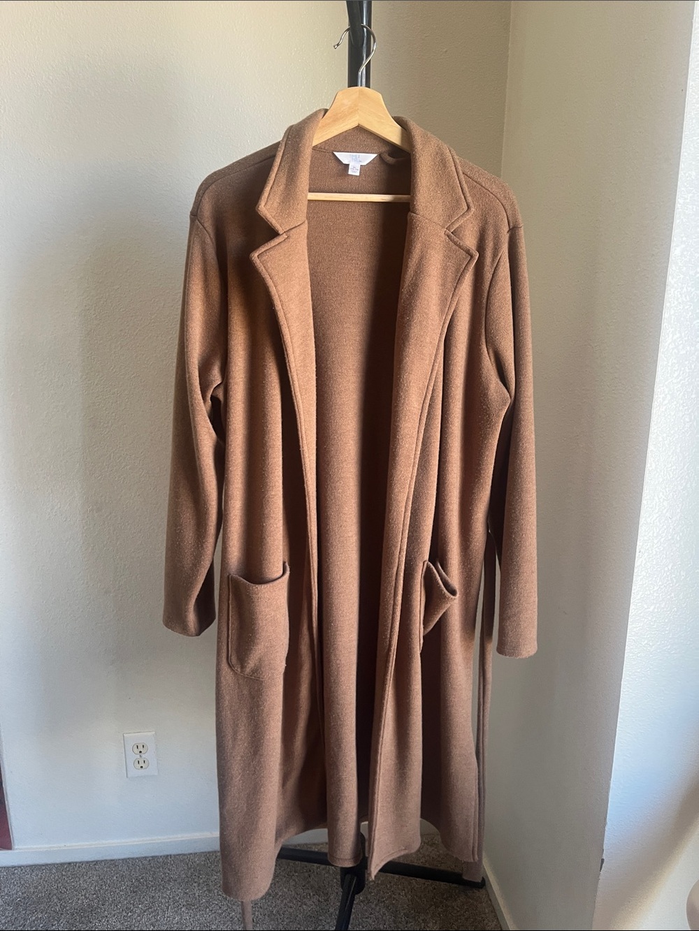 Time and Tru Long Open-Front Cardigan in Camel Brown